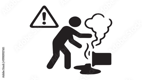 Hazardous chemical spill warning sign icon, stick figure person with spilled liquid and toxic fumes illustration.