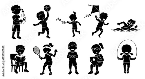 Set of Children Activities Silhouettes Icons