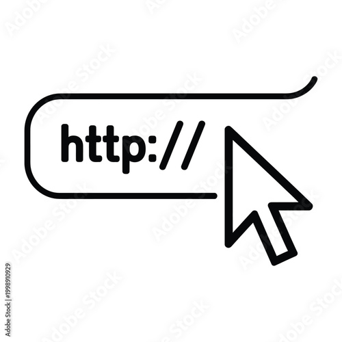Simple linear icon of computer browser bar showing protocol prefix text and mouse cursor arrow pointing towards user clickable area.