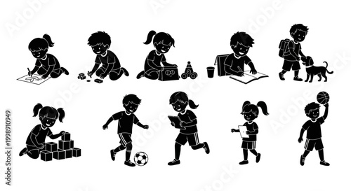Set of Children Silhouettes Playing and Learning