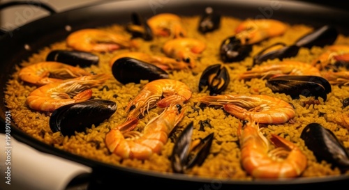 Delicious seafood paella with mussels and shrimp in a large pan close up view.