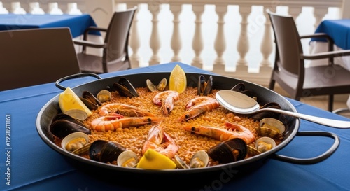 Seafood paella served in traditional pan on blue tablecloth at outdoor restaurant.