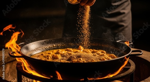 Spices being sprinkled on paella cooking in a pan over an open fire.