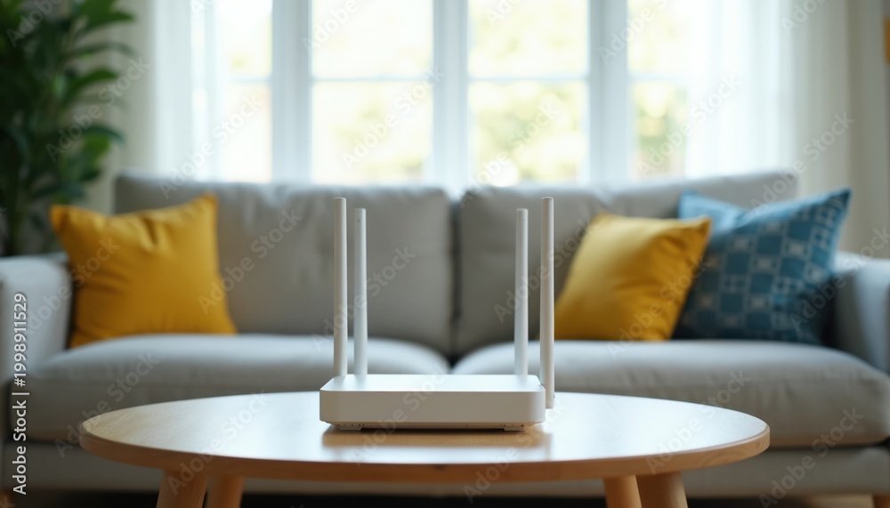 Fototapeta premium Wireless internet router sits on wooden table in modern living room with sofa. Device provides fast wifi connection throughout cozy home interior. Easy setup for smart home tech.