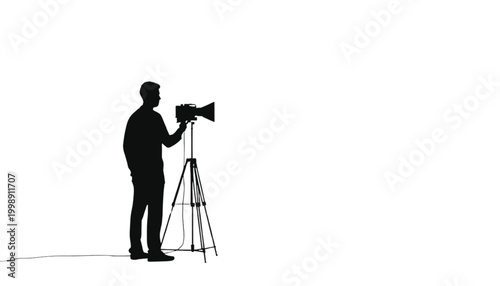 Videographer silhouette operating a professional video camera mounted on a tripod to represent film production and media content creation on a bright white background.