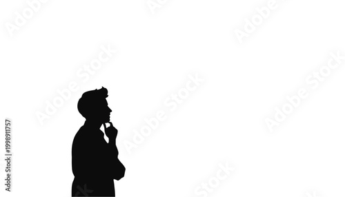 Person silhouette standing in a thoughtful pose with a hand touching their chin to symbolize deep contemplation, decision making, and mental focus on a plain white background.