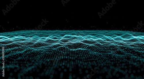 Dynamic digital surface background featuring textured waves, glowing particles, in teal and dark shades with depth in the perspective view
