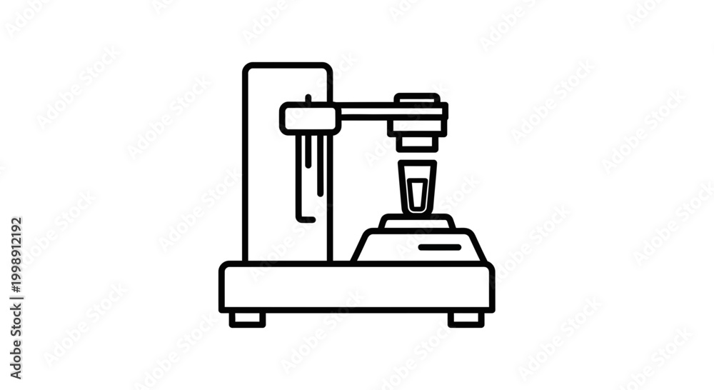 Fototapeta premium Industrial coffee machine brewing espresso shot into a small cup, line art icon.