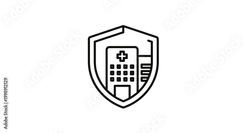 Hospital Building Protected by Shield Icon, Healthcare Security Concept