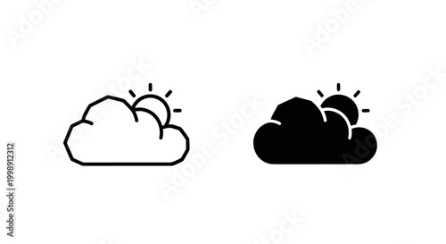 Minimalist weather icon set with sun and cloud, black line and solid silhouette vector graphics, partly cloudy sky symbols for mobile apps
