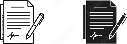 Minimalist document signing icons, black and white contract signature vector set, legal paper and pen symbols for business agreements and paperwork