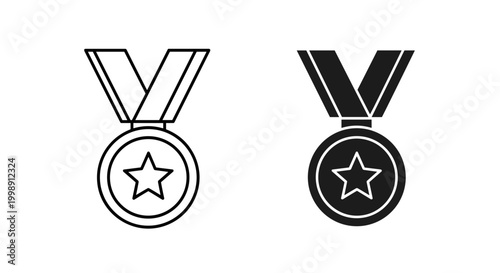 Minimalist medal icons with star and ribbon, black and white award vector set, achievement symbols for sports and business success