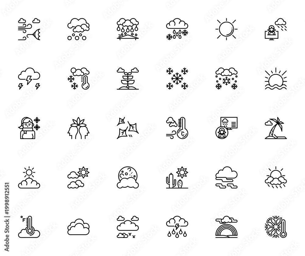 Fototapeta premium Weather icon set. Vector weather symbols collection. Includes wind, sunny, cloudy, raining, snow, thunder, rainbow, temperature and more. Editable stroke.