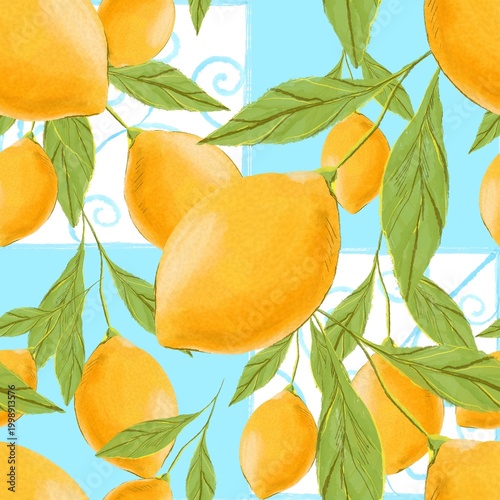 Seamless Watercolor Lemon Pattern with Green Leaves on Blue Background – Fresh Citrus Summer Design
