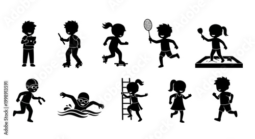 Set of Children Silhouettes Engaged in Various Outdoor Sports and Recreational Activities