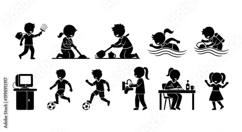 Set of Children Activities Silhouettes Icons