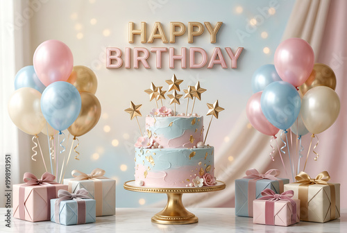 Elegant two tier birthday cake adorned with floral accents and gold stars surrounded by pastel balloons and gift boxes