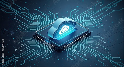 Futuristic background design featuring cloud computing concept, digital circuit details with luminous teal light and modern composition.