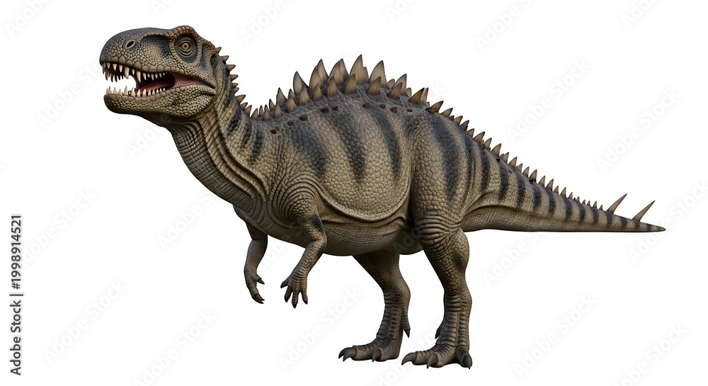 Fototapeta premium Realistic 3D rendering of a large, carnivorous dinosaur with prominent spikes on its back, standing on a white background.