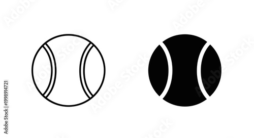 Minimalist tennis ball icons set, black and white sports equipment vector graphics, simple outline and solid tennis ball symbols for athletic branding