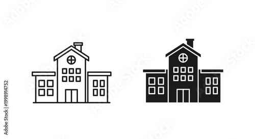 Minimalist school building icons, black outline and solid silhouette vector set, educational facility and university campus architecture symbols