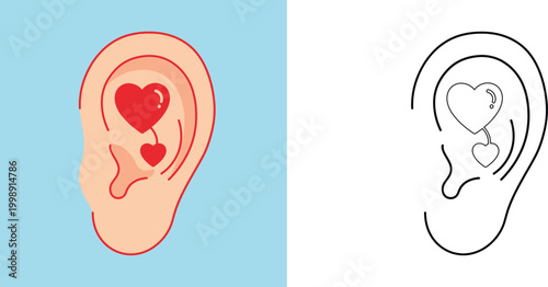 Human Ear with Hearts Illustration and Coloring Page, Concept of Listening with Love and Hearing Health Care Vector Set for Educational and Medical Design Projects