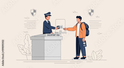 Immigration officer checking passport at airport border control, traveler with backpack at checkpoint