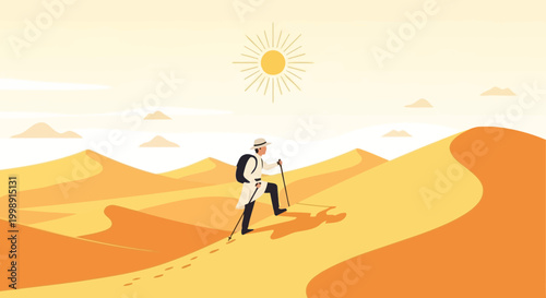 Lone hiker trekking through vast desert sand dunes under a bright sun, symbolizing adventure and endurance.