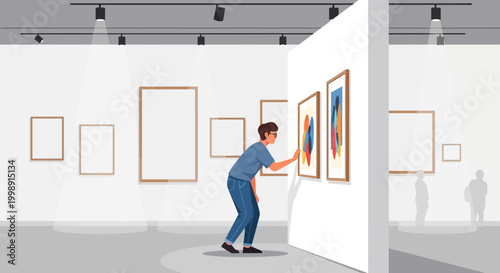 Man admiring art in a modern gallery, observing paintings on white wall