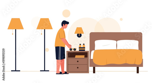 Man arranging items on bedside table next to bed with orange blanket, bedroom interior