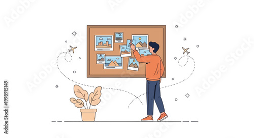 Man arranging travel photos on a corkboard, planning a vacation, inspiration, creativity