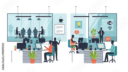 Vector illustration of modern office space with coworkers and employees working at desks with computers and plants.