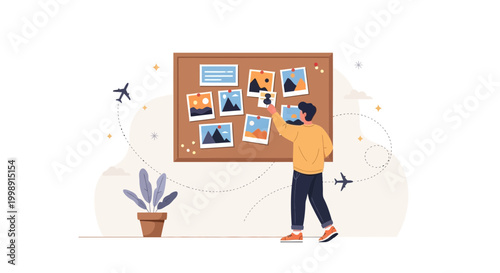 Man arranging travel photos on a corkboard, planning vacation memories, inspiration