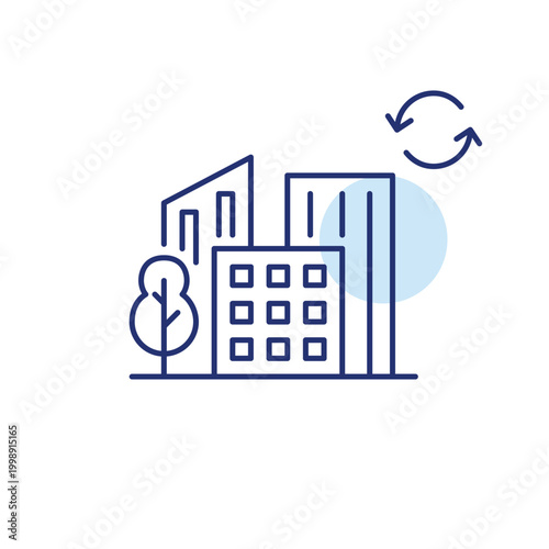 City with green trees and refresh arrows. Ecology, self-sustainable neighbourhoods. Pixel perfect, editable stroke vector icon