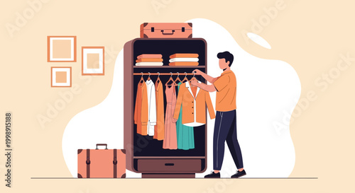 Man choosing clothes from wardrobe for travel, packing suitcase, preparing for journey
