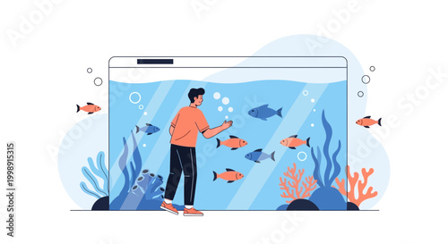 Man feeding fish in a large aquarium, underwater scene with coral and plants