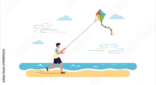 Man flying a kite on a sunny beach with blue ocean waves and clouds