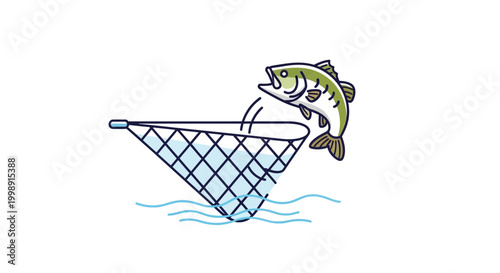 Bass fish jumping into fishing net over water, close-up, dynamic action shot