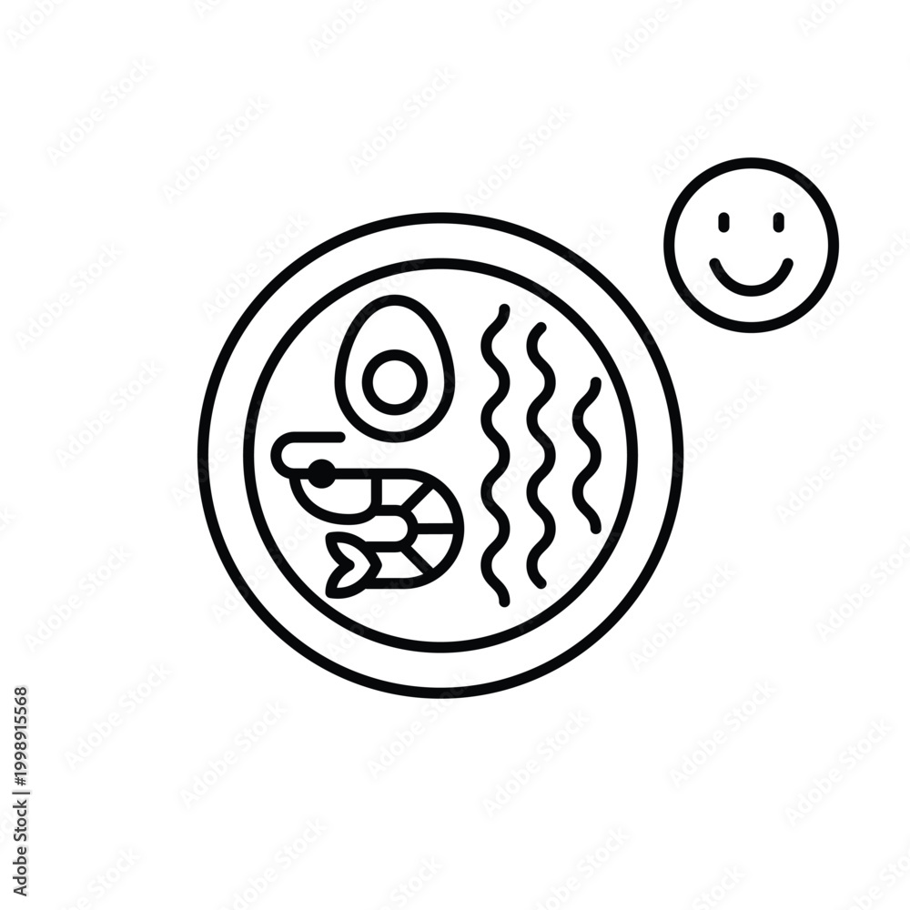 Obraz premium Shrimp ramen and smiley face. Asian food takeaway and delivery. Positive customer feedback. Pixel perfect, editable stroke vector icon