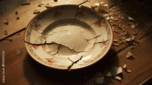A broken plate in the shape of a circle on the floor.