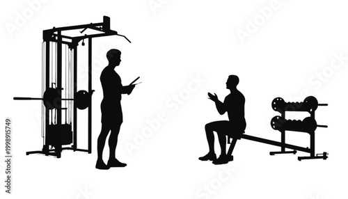 Gymnasts stand near a cable weight machine while one man sits on a flat exercise bench to prepare for a session of strength training in a professional fitness facility with plenty of copy space.