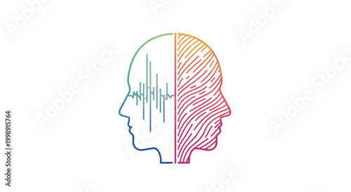 Abstract human head profile split into sound wave and fingerprint, representing mind, identity, and data.