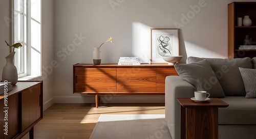 Sunny Modern Living Room Sideboard with Decorative Vase and Minimal Art