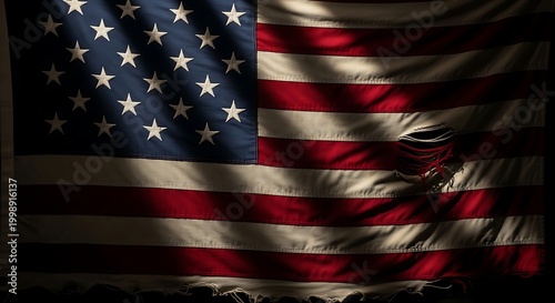 Worn American Flag Draped with Tattered Edges and Dim Lighting