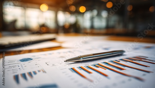 Financial reports with charts and pen on desk. Analyzing budget and data for nonprofit organization. Pie chart and bar graphs display fund distribution.