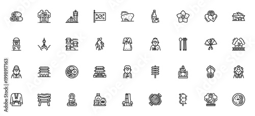 Korea icon set. Vector symbols for Seoul, Busan, kimchi, bibimbap, hanbok, taekwondo, soju, won and more Korean culture, food and travel.