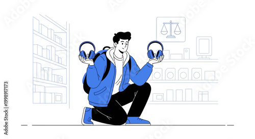 Man comparing headphones in electronics store, choice, technology, shopping