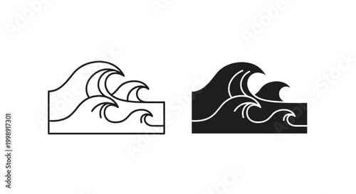 Minimalist ocean wave icons, black line and silhouette sea waves vector set, simple water ripple graphic elements