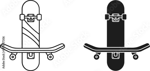 Skateboard vector icons set, minimalist black and white skating equipment, longboard deck and wheels graphic elements