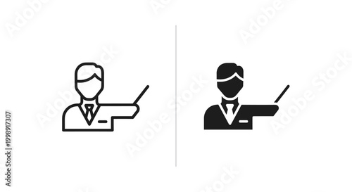 Professional teacher icon set, male instructor with pointer vector, business trainer and educator symbols for presentation